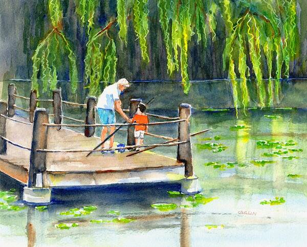 Fishing Poster featuring the painting Fishing with Grandpa by Carlin Blahnik CarlinArtWatercolor