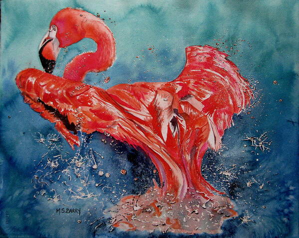 Flamingo Poster featuring the painting Flamingo inFlight by Maria Barry
