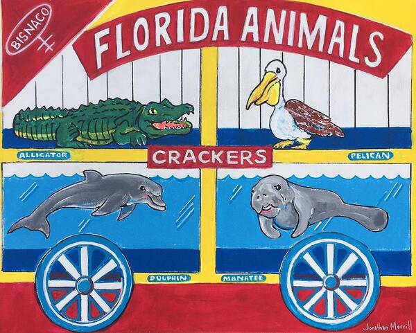 Florida Animal Crackers Alligator Pelican Dolphin Manatee Nabisco Bisnaco Barnum Animalcrackers Circus Cookie Childhood Poster featuring the painting Florida Animal Crackers by Jonathan Morrill