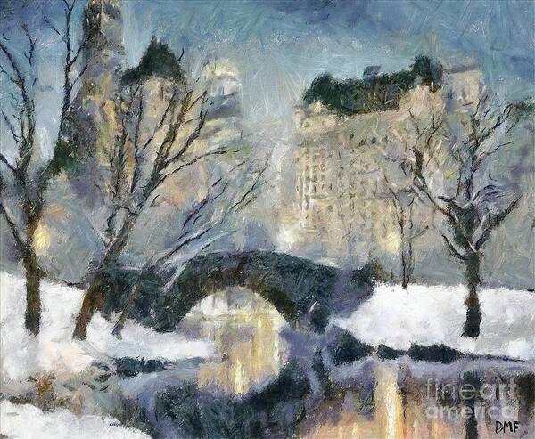 Cityscape Poster featuring the painting Gapstow Bridge in Snow by Dragica Micki Fortuna