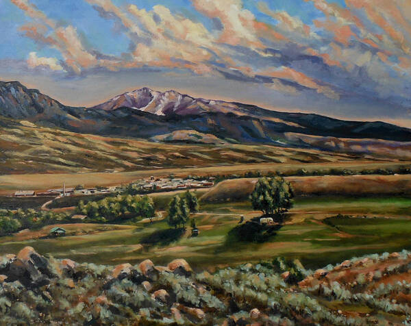 Montana Poster featuring the painting Gardiner and Electric Peak from Scotty's Place by Les Herman