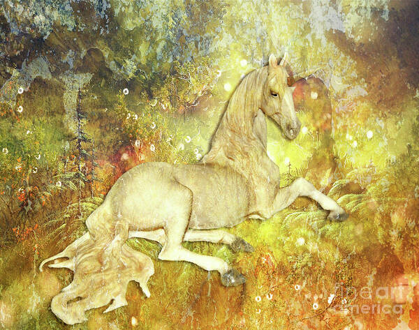 Unicorn Poster featuring the digital art Golden Unicorn Dreams by Digital Art Cafe
