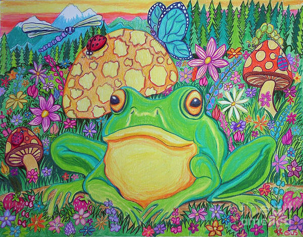 Green Frog Art Poster featuring the drawing Green frog with flowers and mushrooms by Nick Gustafson