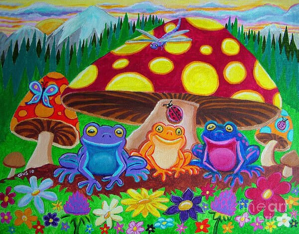 Frogs Poster featuring the painting Happy Frog Meadows by Nick Gustafson