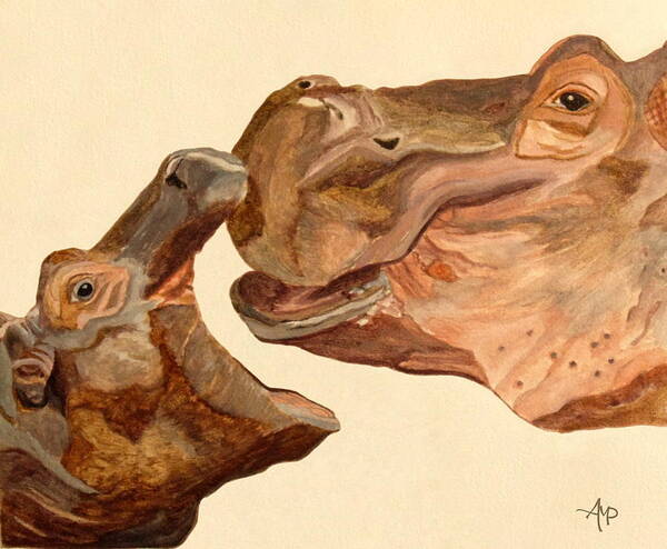 Hippos Poster featuring the painting Hippos Watercolor by Angeles M Pomata