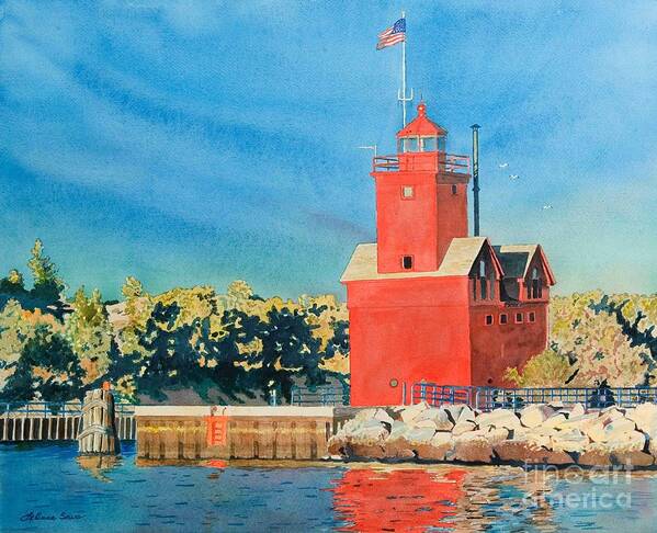 Holland Poster featuring the painting Holland Lighthouse - Big Red by LeAnne Sowa