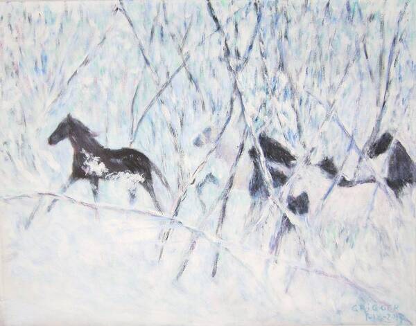 Impressionism Poster featuring the painting Horses Running In Ice and Snow by Glenda Crigger