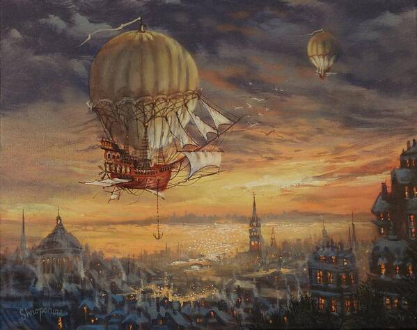 Airship Poster featuring the painting In Her Majesty's Service Steampunk Series by Tom Shropshire