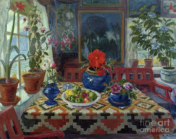 Nikolai Astrup Poster featuring the painting Interior with a big blue pot by O Vaering by Nikolai Astrup