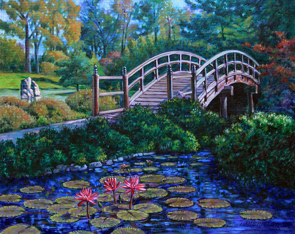 Japanese Bridge Poster featuring the painting Japanese Garden Bridge by John Lautermilch