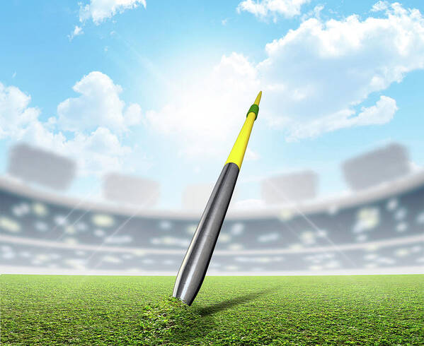 Javelin Poster featuring the digital art Javelin In Stadium And Green Turf by Allan Swart