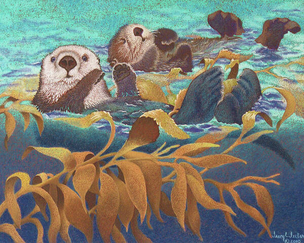 Sea Otters Poster featuring the pastel Keepers of the Kelp by Tracy L Teeter 