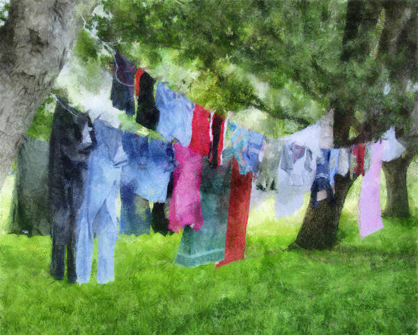 Laundry. Wash; Washing; Clothes; Line; Clothesline; Hung; Hanging; Dry; Drying; Trees; Oaks Poster featuring the digital art Laundry Line by Frances Miller