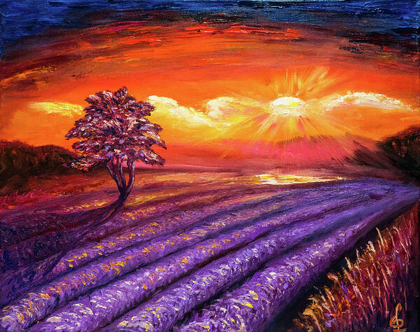 Lavender Poster featuring the painting Lavender field at Sunset by Lilia S