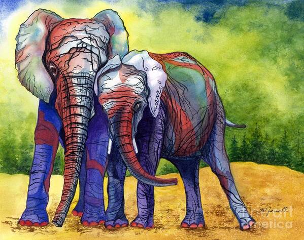 Elephants Poster featuring the painting Lean on Me by Barbara Jewell