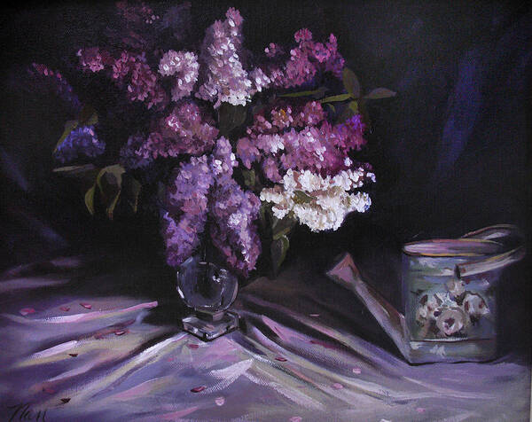 Lilacs Poster featuring the painting Lilacs with Watering Can by Nancy Griswold