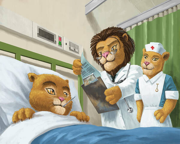 Bed Poster featuring the painting Lion Cub In Hospital by Martin Davey