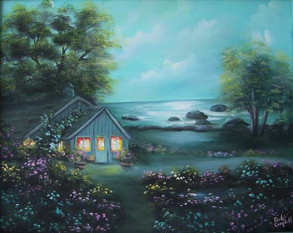 Sea Poster featuring the painting Little House by the Sea by Debra Campbell