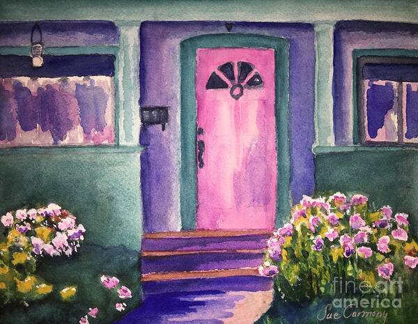 Summer Poster featuring the painting Little House with Pink Door by Sue Carmony