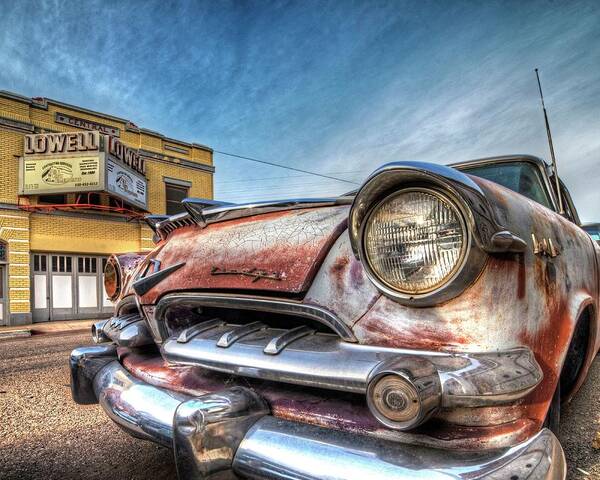 Lowell Poster featuring the photograph Lowell Arizona Old Rusted Car Lowell Movie Theater by Toby McGuire
