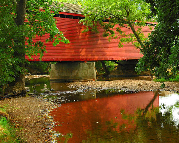 Rural Country Covered Bridge Stream Bed Creek Nature Trees Reflection Old Transportation Maryland Thurmont Outdoor Landscape Photograph Shore River Red Farm Color Water Peace Peaceful Scene Green Civil War Meade History Historical Register Poster featuring the photograph Loys Station Bridge. Thurmont Maryland by Matthew Saindon