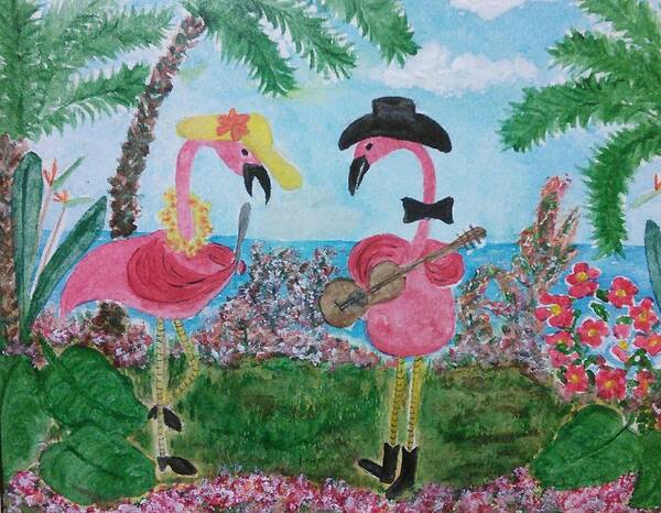 Flamingos Poster featuring the painting Luau Flamingos by Susan Nielsen