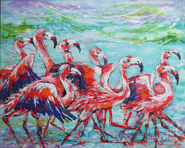 Birds Poster featuring the painting Marching Flamingos by Jyotika Shroff