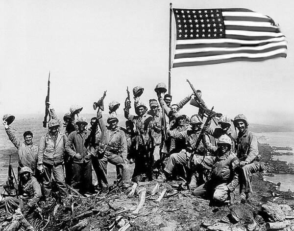 Marines Celebrating Flag Raising At Iwo Jima Photo Joe Rosenthal 1945 Poster featuring the photograph Marines celebrating flag raising at Iwo Jima photo Joe Rosenthal 1945 by David Lee Guss