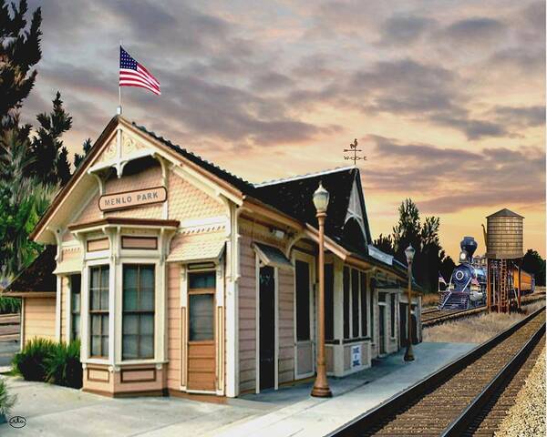 Menlo Train Station Historic Water Tower Railway Tank California Iron Horse Sunset Landscape Depot Park Railroad Tracks Twilight Steam Engine Old West Country Western Weather Vane Locomotive Street Lamps Buildings Iron Horse State Cowboys Horse Back Bare Center Horseback The Of To And A In Is It You He Was For On Are As I His Be Or Had By We Can All Up An She Do If So Her With That They Have But Were Then Word Make Like Our Rkc Ron Ronald K Chambers Usa Flag Old Glory United States America Park Poster featuring the painting Menlo Park Station by Ron Chambers