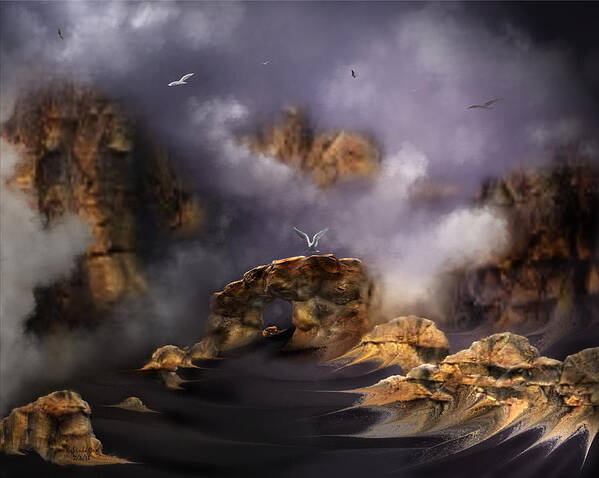 Digital Art Poster featuring the digital art Misty Mountain Sunrise by Artful Oasis