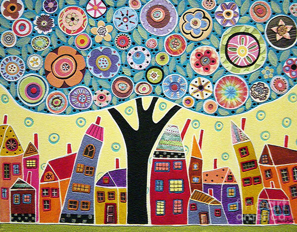 Landscape Poster featuring the painting Mixed Media Collage Tree and Houses by Karla Gerard