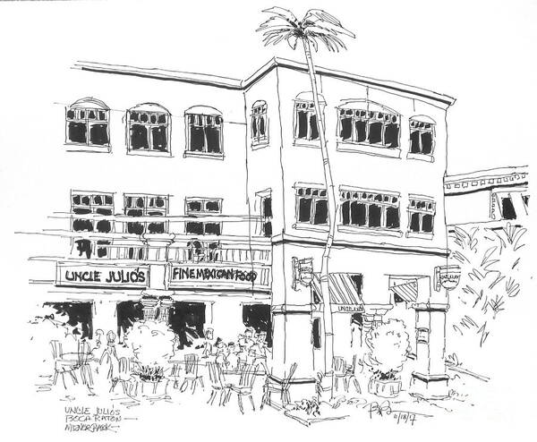 Architectural Ink Drawing Of Restaurant In Boca Raton Poster featuring the drawing Mizner Park's Uncle Julio's Restaurant by Robert Birkenes