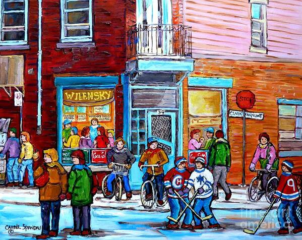 Montreal Poster featuring the painting Montreal Winter Scene Bicycles And Hockey At Wilensky's Lunch Counter Canadian Art Carole Spandau by Carole Spandau
