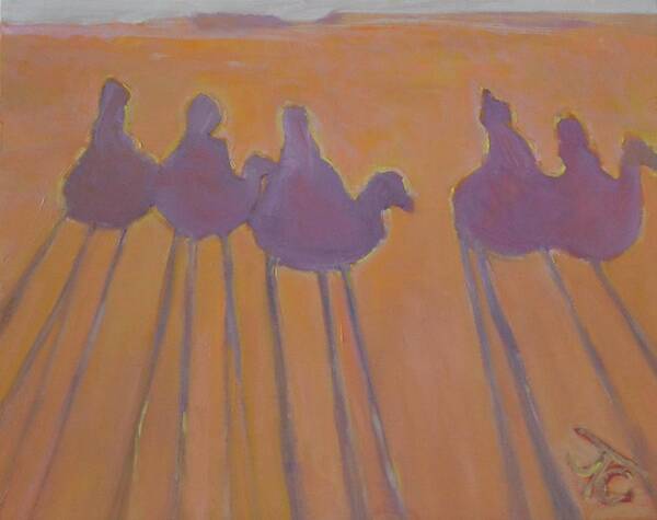 Desert Poster featuring the painting Morocco, Camels, Riders And Shadows. by Julie Todd-Cundiff