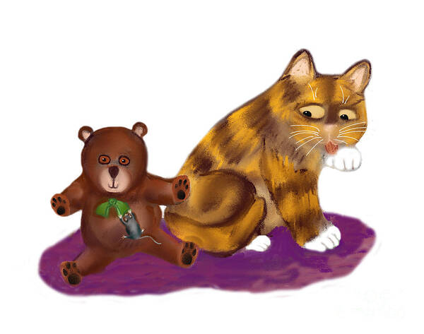  Poster featuring the digital art Mouse Hangs onto Green Bow on Teddy Bear by Ellen Miffitt