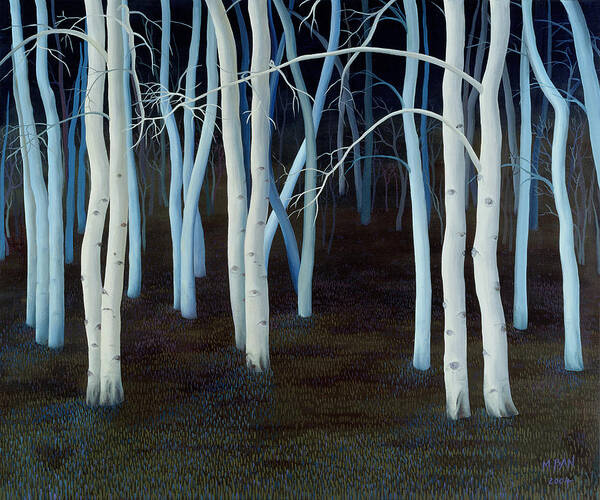 Wood; Woodland; Trees; Nocturne; Night; Tree Trunks; Luminous; White; Dark; Forest; Eyes; Atmospheric; Eerie Poster featuring the painting Mystic by Magdolna Ban