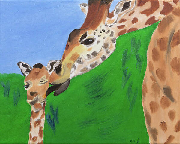 Giraffes Poster featuring the painting Awww Gee Mom by Meryl Goudey