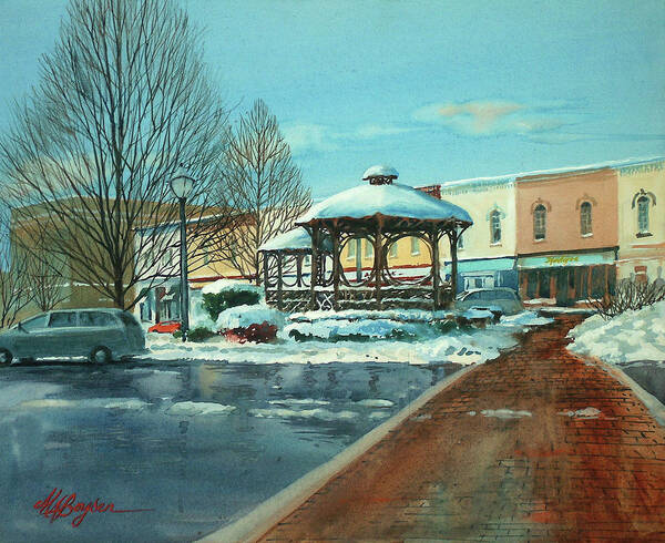 Chagrin Falls Bandstand Poster featuring the painting Triangle Park in Winter by Maryann Boysen