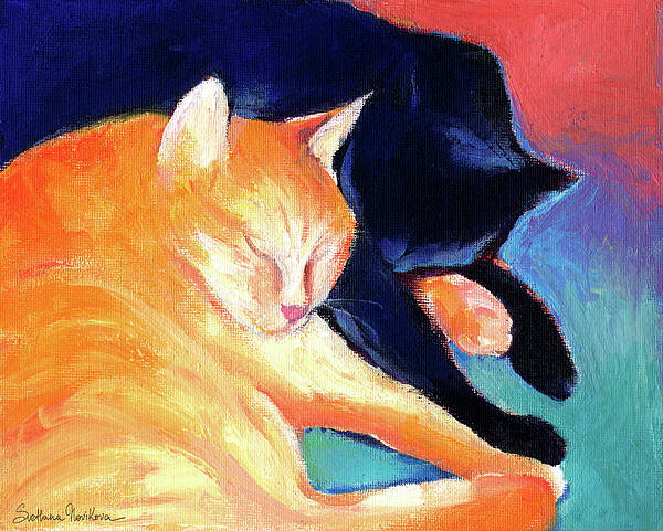 Orange Tabby Cat Painting Poster featuring the painting Orange and Black tabby cats sleeping by Svetlana Novikova