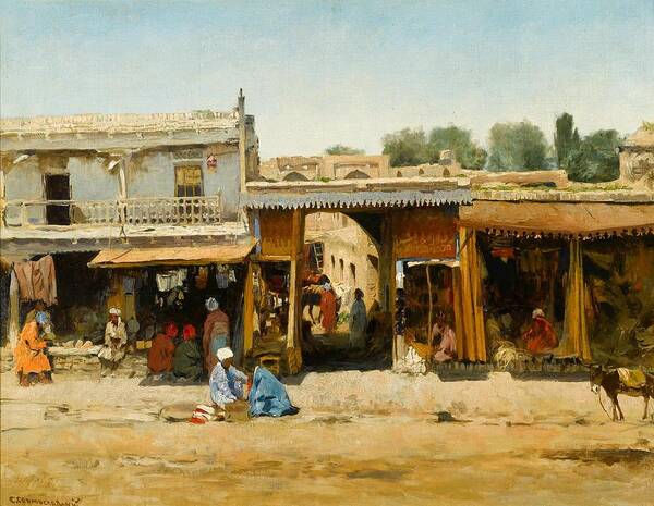 Sergei Ivanovich Svetoslavsky (russian 1857 - 1931) Poster featuring the painting Oriental Market Scene by MotionAge Designs