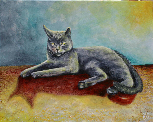 Gray Cat Poster featuring the painting Our Cat Booty by Virginia Bond