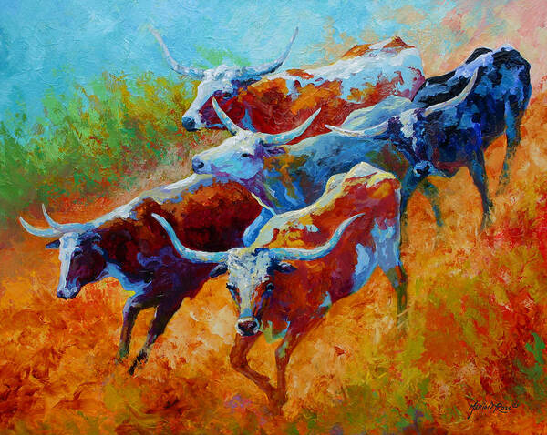Western Poster featuring the painting Over The Ridge - Longhorns by Marion Rose