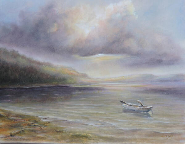 Luczay Poster featuring the painting Beach by Sruce Run Lake in New Jersey at sunrise with a boat by Katalin Luczay