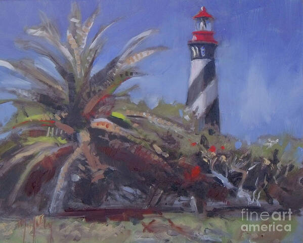 Lighthouse Poster featuring the painting Palm by the Lighthouse by Mary Hubley