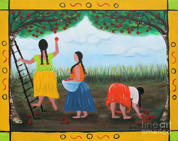 Summer Poster featuring the painting Picking Apples by Sonia Flores Ruiz