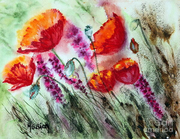 Floral Watercolor Poster featuring the painting Poppies in the Wind by Maria Barry