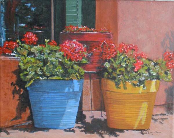 Flowers Poster featuring the painting Pots of Geraniums by Betty-Anne McDonald