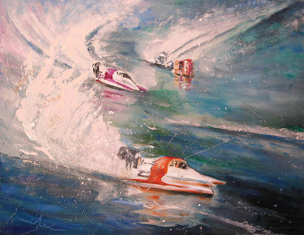 Powerboats Poster featuring the painting Powerboat Racing in Portugal by Miki De Goodaboom