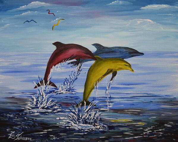 Dolphin Poster featuring the painting Primary Dolphins by Eric Johansen