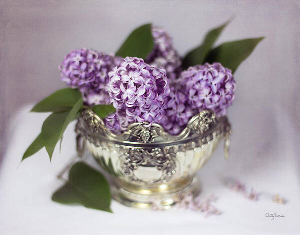 Purple Poster featuring the photograph Purple Lilacs in Silver Bowl by Betty Denise